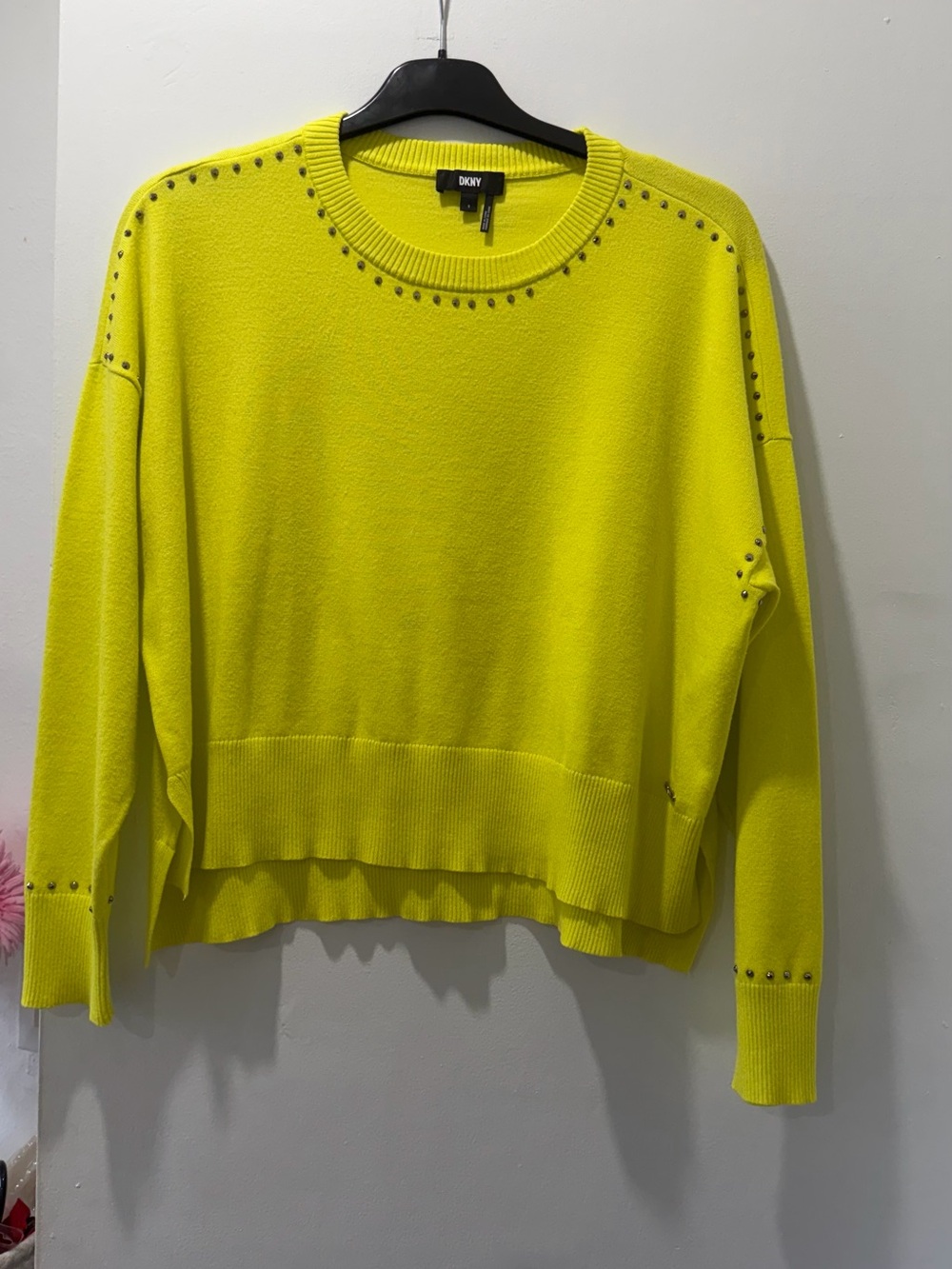 DKNY Neon Lemon Studded Crewneck Sweater